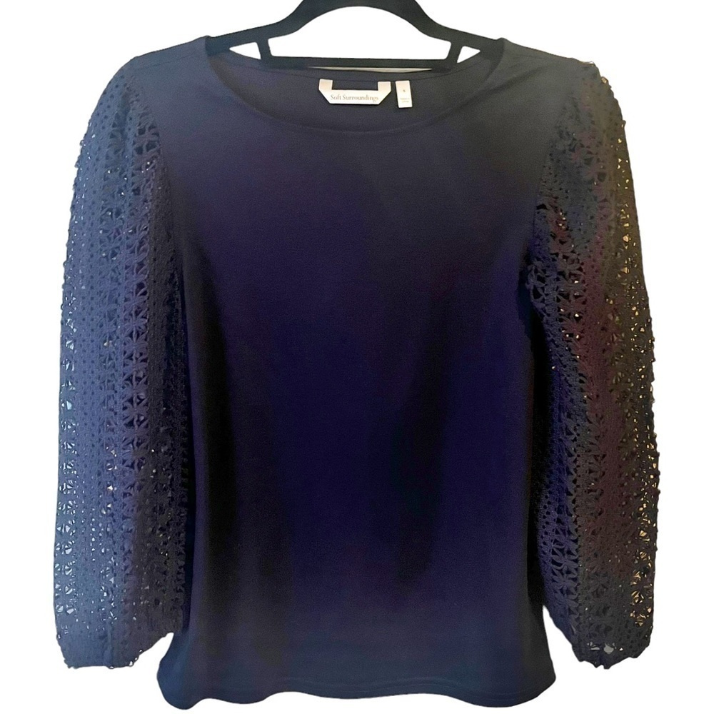 Soft Surroundings Navy Blue 3/4 Lace Sleeves Top size Small